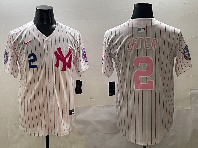 Men New York Yankees #2 Jeter Stripe Red Jointly Name 2025 Nike MLB Jersey style 2